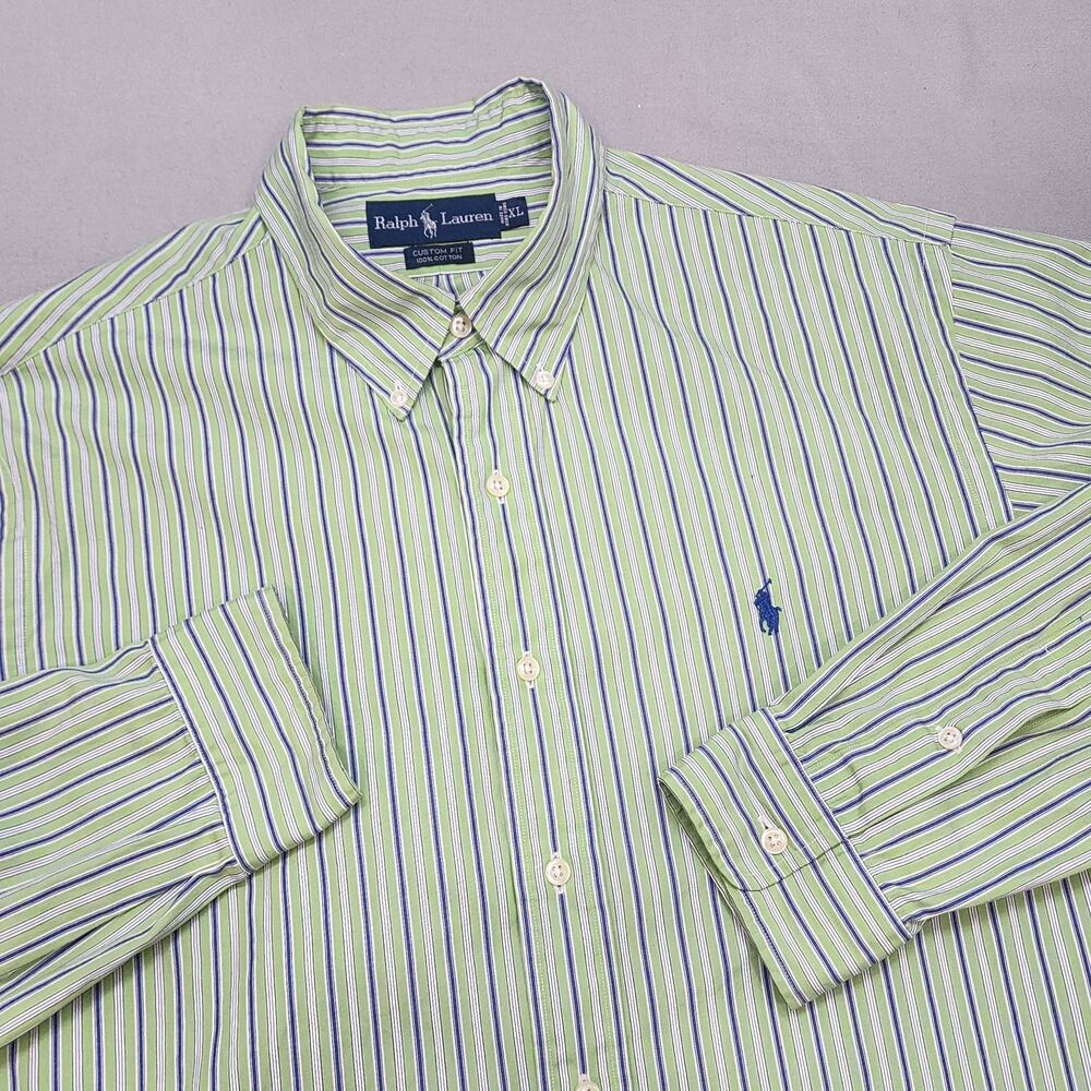 Ralph Lauren Custom Fit Green w/ Blue White Strips Button Up Mens‎ Sz XL